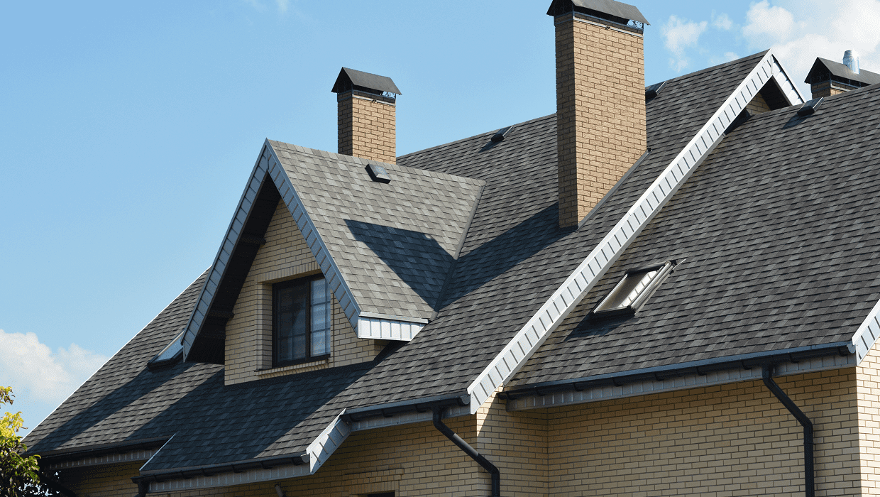 House roof with chimneys and gables.